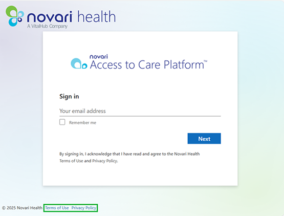 Screenshot of a login page for Novari Health's Access to Care Platform, designed for user sign-in via email address. Features include a "Remember me" checkbox, a blue "Next" button, and links to Terms of Use and Privacy Policy at the bottom.