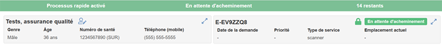 Capture d'écran d'une interface de demande médicale affichant les détails du patient. Le statut de la demande est indiqué comme « Refusée par le chirurgien » avec une bannière verte, et les sections clés comprennent les informations sur le patient, l'identifiant de la demande, la priorité et l'emplacement actuel.