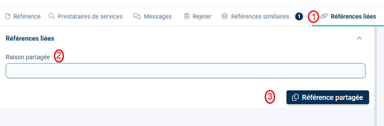 Capture d'écran d'une interface logicielle médicale montrant un onglet « Références liées » avec un champ de texte intitulé « Raison du fractionnement » contenant l'entrée « Fractionnement de l'examen IRM pour la partie inférieure du corps ». Un bouton bleu « Fractionner la référence » est situé sous le champ, indiquant la fonction de division d'une référence selon la raison fournie.